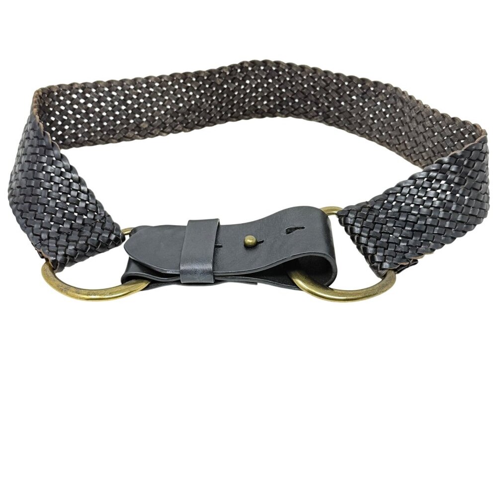 J.Crew Black Wide Woven Leather Belt Brass D Rings Reenactment Cosplay‎ Small